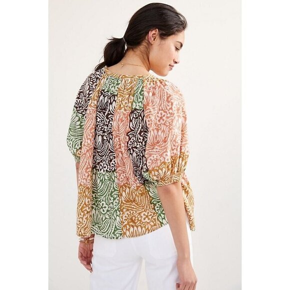 Roller Rabbit Womens Aegean Abstract Blouse Anthropologie Sz S Boho Floral Top - Picture 2 of 8